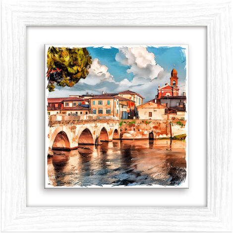 Lupia - Quadro moderno con paesaggi e localismi italiani, Ceramica e Stampa Rilievo, Cornice Legno Shabby Modern bianca, Decorazione Parete, Quadretti Soggiorno, 29x29 cm, RIMINI PONTE DI TIBERIO (1/4)