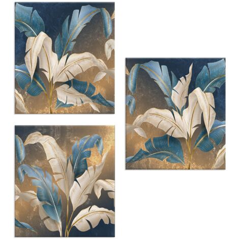Lupia - Set 3 Quadri Moderni su Tela, LEAVES WHITE BLUE Foglie Blu e Oro, 57x57 cm, Telaio in Legno Ecologico, Decorazione per Soggiorno, Camera da Letto, Cucina, Pronti da Appendere, Made in Italy