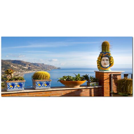 Lupia - Quadro moderno su Tela Canvas DEEP 65X143 cm, con paesaggi e localismi italiani, per casa, soggiorno, capezzale camera da letto, hotel, ufficio, CATANIA - PANORAMA TAORMINA (1/4)