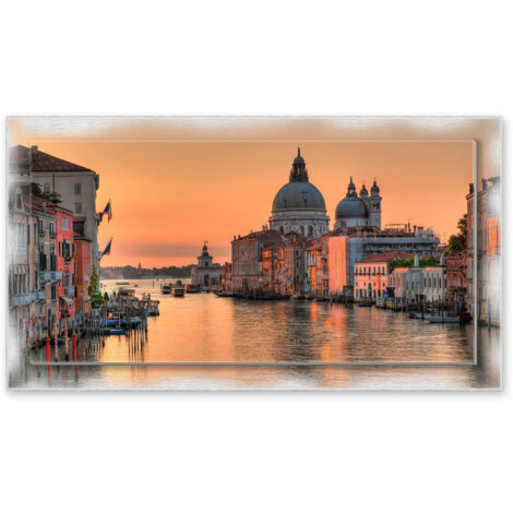 Lupia - Quadro moderno su Tela con Cornice stampata NEWEXT 75x135 cm, paesaggi localismi italiani, per casa soggiorno capezzale camera da letto hotel ufficio, VENEZIA CHIESA DELLA SALUTE TWILIGHT (1/4)