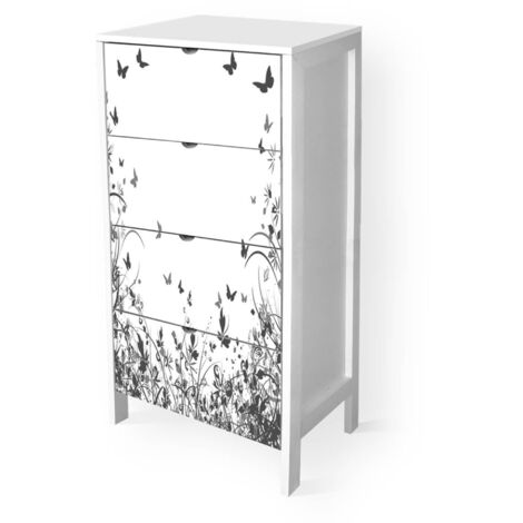 Lupia - Cassettiera Mobile Italy, Stile Minimal in Legno, 4 Cassetti, Stampa MODERN BUTTERFLY BLACK, Adatta a Ogni Stanza, 39x29xH78 cm, organizer Colore Bianco decorato