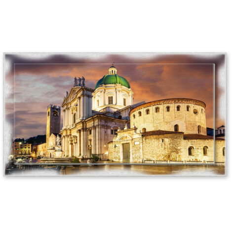 Lupia - Quadro moderno su Tela con Cornice stampata NEWEXT 75x135 cm, paesaggi localismi italiani, per casa soggiorno capezzale camera da letto hotel ufficio, BRESCIA DUOMO NUOVO E VECCHIO (1/4)