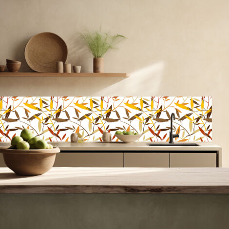 Lupia Pannello Paraschizzi Schienale Cucina con decorazione stampata, LEAVES WITH STEAMS, in Alluminio composito, Facile da applicare, Lavabile Ignifugo Resistente all'Acqua 300xH62,5 cm
