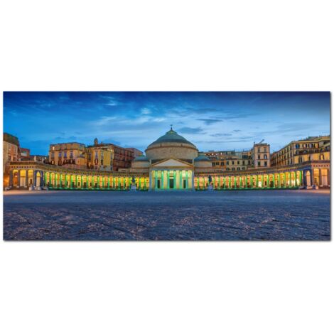 Lupia - Quadro moderno su Tela Canvas DEEP 65X143 cm, con paesaggi e localismi italiani, per casa, soggiorno, capezzale camera da letto, hotel, ufficio, NAPOLI - PIAZZA PLEBISCITO SERA (1/4)