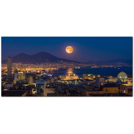 Lupia - Quadro moderno su Tela Canvas DEEP 65X143 cm, con paesaggi e localismi italiani, per casa, soggiorno, capezzale camera da letto, hotel, ufficio, NAPOLI - VESUVIO LUNA NOTTE (1/4)