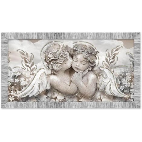 Lupia - Quadro Moderno con Cornice GIOVY Bianca Argento, ANGELS IN FLOWERS, Stampa su Pannello in Legno con Glitter, Adatto per Soggiorno, Camera da Letto, Cucina, Ufficio, 60x110 cm, tema angeli
