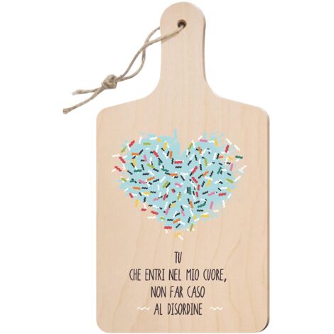 Lupia - Tagliere Decorativo con Manico, Frasi e disegni a Tema, colorato, Souvenir Artigianale, Appendibile in Cucina, Made in Italy, Legno multistrato 15x29 cm - CUORE IN DISORDINE (1/4)