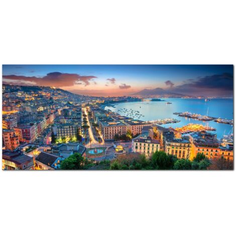 Lupia - Quadro moderno su Tela Canvas DEEP 65X143 cm, con paesaggi e localismi italiani, per casa, soggiorno, capezzale camera da letto, hotel, ufficio, NAPOLI - GOLFO SERA (1/4)