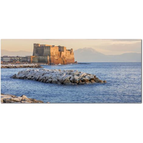 Lupia - Quadro moderno su Tela Canvas DEEP 65X143 cm, con paesaggi e localismi italiani, per casa, soggiorno, capezzale camera da letto, hotel, ufficio, NAPOLI - MARE-SCOGLIO-CASTELLO (1/4)