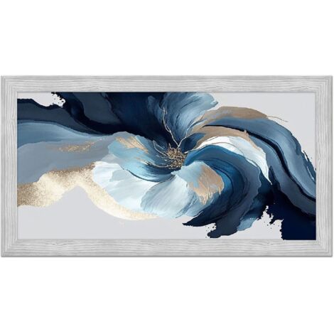 Lupia - Quadro moderno, per soggiorno camera da letto, con cornice BOSTON colore GREY, 60x110 cm, ABSTRACT FLOWER stampa su pannello in legno, stile floreale blu e oro