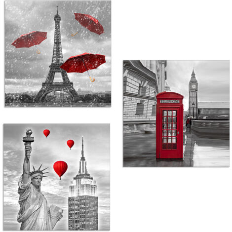 Lupia - Set 3 Quadri su Tela CITY RED con Capitali in tonalità del Rosso, 57x57 cm, per Soggiorno, Camera da Letto, Cucina, Ufficio, Telaio in Legno Ecologico, Pronto da Appendere, Made in Italy (1/4)
