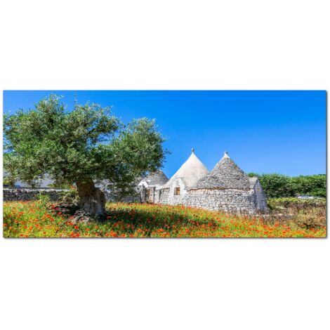 Lupia - Quadro moderno su Tela Canvas DEEP 65X143 cm, con paesaggi e localismi italiani, per casa, soggiorno, capezzale camera da letto, hotel, ufficio, PUGLIA - TRULLI E ALBERO ULIVO (1/4)