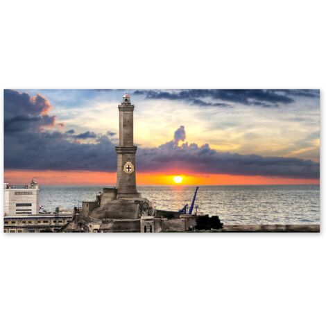 Lupia - Quadro moderno su Tela Canvas DEEP 65X143 cm, con paesaggi e localismi italiani, per casa, soggiorno, capezzale camera da letto, hotel, ufficio, GENOVA - LANTERNA GIORNO (1/4)