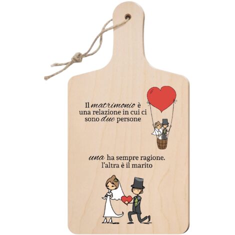 Lupia - Tagliere Decorativo con Manico, Frasi e disegni a Tema, colorato, Souvenir Artigianale, Appendibile in Cucina, Made in Italy, Legno multistrato 15x29 cm - MARITO E MOGLIE (1/4)