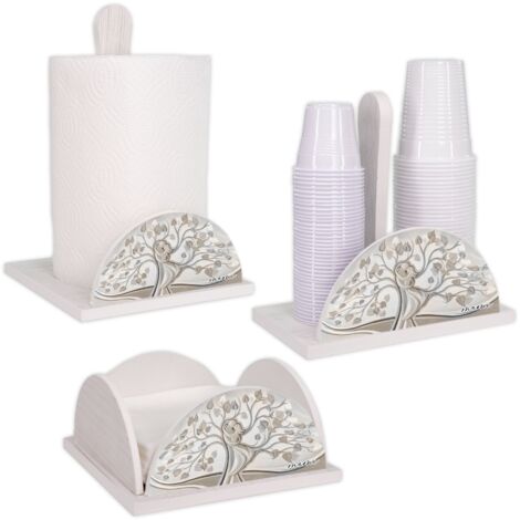 Lupia - Set 3 Pezzi Cucina in Legno White ALBERO ABBRACCIO Porta Tovaglioli, Porta Bicchieri, Porta Rotolo, Decorazione Elegante, Adatto a Stili Moderni e Classici, stile amore e famiglia