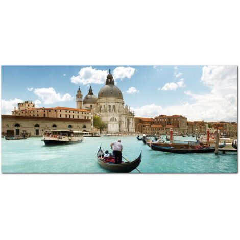 Lupia - Quadro moderno su Tela Canvas DEEP 65X143 cm, con paesaggi e localismi italiani, per casa, soggiorno, capezzale camera da letto, hotel, ufficio, VENEZIA - CHIESA DELLA SALUTE GOLDOLE (1/4)