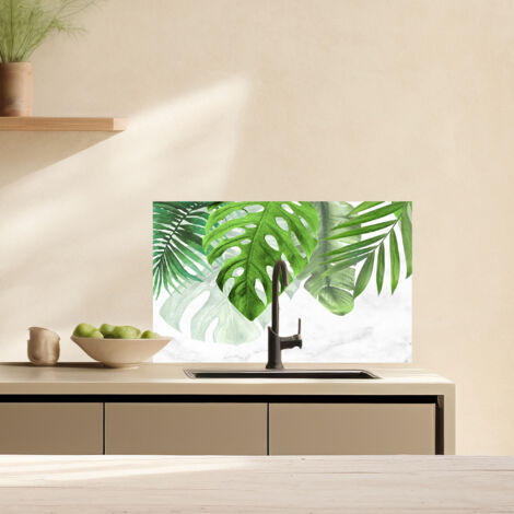 Lupia Pannello Paraschizzi Schienale Cucina con decorazione stampata, TROPICAL LEAVES, in Alluminio composito, Facile da applicare, Lavabile Ignifugo Resistente all'Acqua 90xH62,5 cm