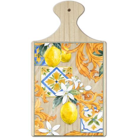 Lupia - Tagliere in Legno Decorativo con Vetro stampato a colori multiuso con manico 16x29 cm LIMONI E ACANTO (1/4)