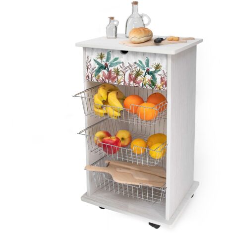 Lupia - Carrello Cucina Multifunzione WHITE BANANO GREY, Portafrutta Ruote Piroettanti, Piano di Appoggio, tre Cestelli Estraibili in Acciaio, Legno 40X45H85 cm montato (1/4)