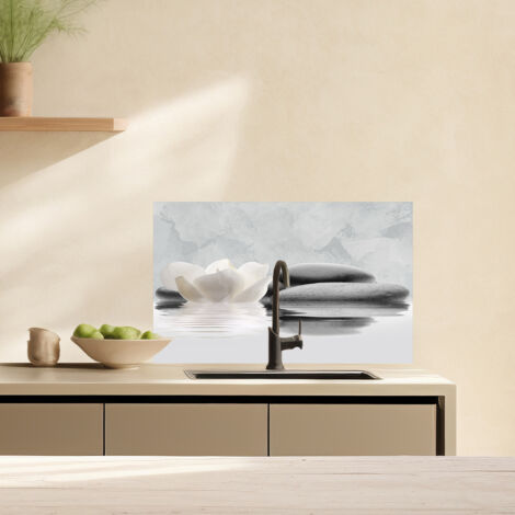 Lupia Pannello Paraschizzi Schienale Cucina con decorazione stampata, LOTUS AND STONES, in Alluminio composito, Facile da applicare, Lavabile Ignifugo Resistente all'Acqua 90xH62,5 cm