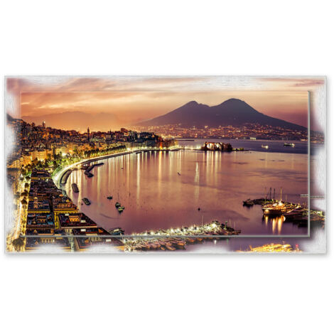 Lupia - Quadro moderno su Tela con Cornice stampata NEWEXT 75x135 cm, paesaggi localismi italiani, per casa soggiorno capezzale camera da letto hotel ufficio, NAPOLI VESUVIO NIGHT (1/4)