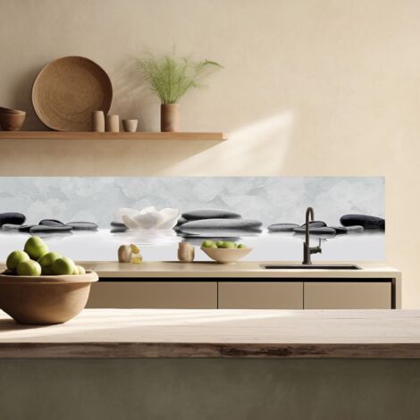 Lupia Pannello Paraschizzi Schienale Cucina con decorazione stampata, LOTUS AND STONES, in Alluminio composito, Facile da applicare, Lavabile Ignifugo Resistente all'Acqua 260xH62,5 cm