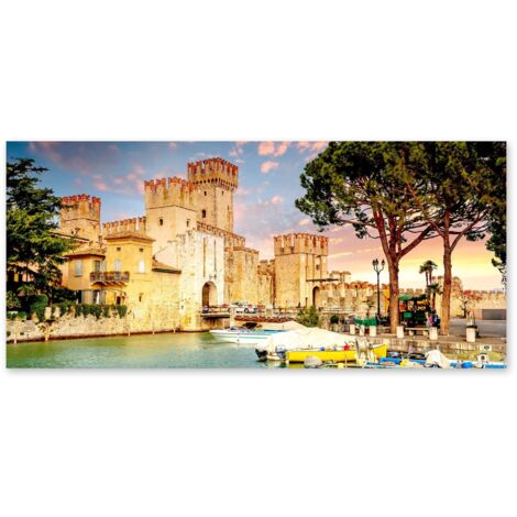 Lupia - Quadro moderno su Tela Canvas DEEP 65X143 cm, con paesaggi e localismi italiani, per casa, soggiorno, capezzale camera da letto, hotel, ufficio, BRESCIA - CASTELLO DI SIRMIONE (1/4)