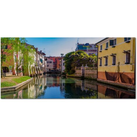 Lupia - Quadro moderno su Tela Canvas DEEP 65X143 cm, con paesaggi e localismi italiani, per casa, soggiorno, capezzale camera da letto, hotel, ufficio, TREVISO - CANALE BURANELLI (1/4)