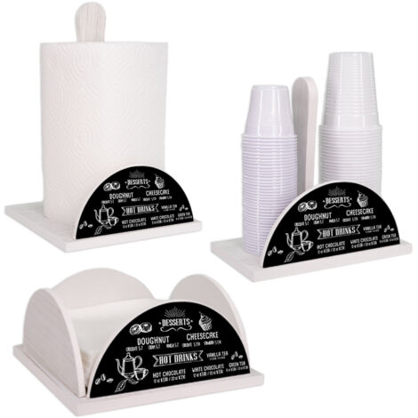 Lupia - Set 3 Pezzi Cucina in Legno White BLACKBOARD: Porta Tovaglioli, Porta Bicchieri, Porta Rotolo, Decorazione Elegante, Adatto a Stili Moderni e Classici, stile lavagna nera Legno bianco (1/4)