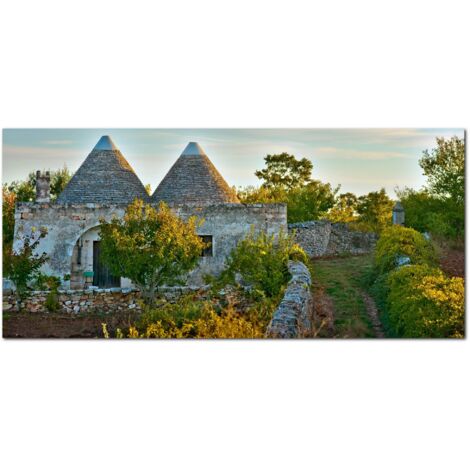 Lupia - Quadro moderno su Tela Canvas DEEP 65X143 cm, con paesaggi e localismi italiani, per casa, soggiorno, capezzale camera da letto, hotel, ufficio, PUGLIA - TRULLI IN CAMPAGNA (1/4)
