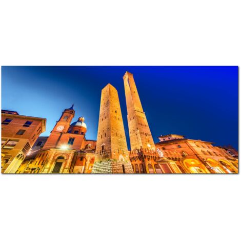 Lupia - Quadro moderno su Tela Canvas DEEP 65X143 cm, con paesaggi e localismi italiani, per casa, soggiorno, capezzale camera da letto, hotel, ufficio, BOLOGNA - PANORAMA NOTTE (1/4)