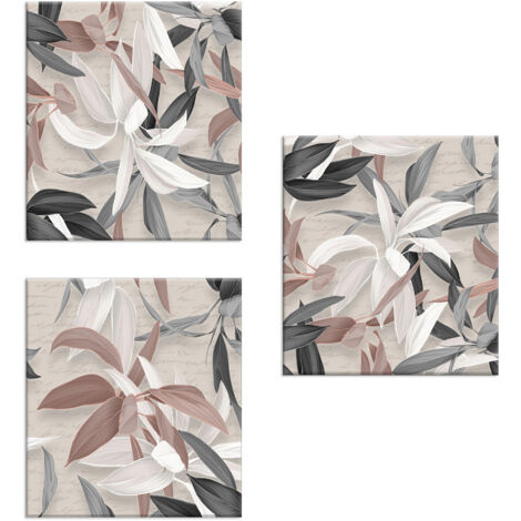 Lupia - Set 3 Quadri su Tela CANVAS DAY LEAVES MIX 38x38 cm foglie scala di grigi, Stampa Vivida, Pronto da Appendere, Decorazione per Soggiorno, Capezzale Testiera Camera da Letto, Cucina, Ufficio