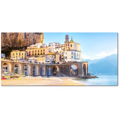 Lupia - Quadro moderno su Tela Canvas DEEP 65X143 cm, con paesaggi e localismi italiani, per casa, soggiorno, capezzale camera da letto, hotel, ufficio, NAPOLI - PORTOFINO SPIAGGIA (1/4)