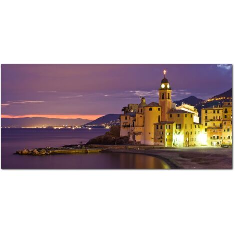 Lupia - Quadro moderno su Tela Canvas DEEP 65X143 cm, con paesaggi e localismi italiani, per casa, soggiorno, capezzale camera da letto, hotel, ufficio, GENOVA - BASILICA NOTTE (1/4)
