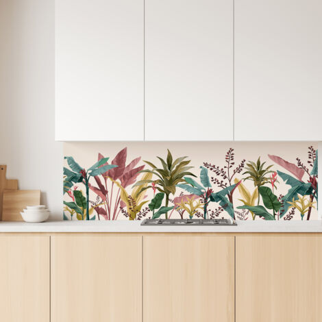 Lupia Pannello Paraschizzi Schienale Cucina con decorazione stampata, BANANA LEAVES, in Alluminio composito, Facile da applicare, Lavabile Ignifugo Resistente all'Acqua 180xH62,5 cm