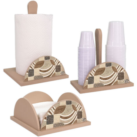 Lupia - Set 3 pezzi NEW VINTAGE TILES Porta Bicchieri, Porta Tovaglioli e Porta Rotolo in legno, Stile vintage shabby, Decorazione foglie, Adatto a stili moderni e classici, Legno (1/4)