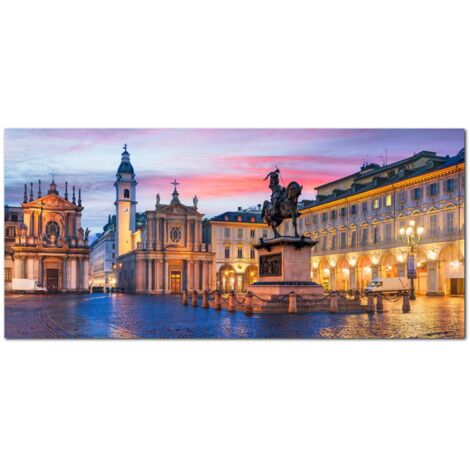Lupia - Quadro moderno su Tela Canvas DEEP 65X143 cm, con paesaggi e localismi italiani, per casa, soggiorno, capezzale camera da letto, hotel, ufficio, TORINO - PIAZZA SAN CARLO TWILIGHT (1/4)