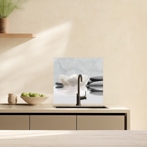 Lupia Pannello Paraschizzi Schienale Cucina con decorazione stampata, LOTUS AND STONES, in Alluminio composito, Facile da applicare, Lavabile Ignifugo Resistente all'Acqua 60xH62,5 cm