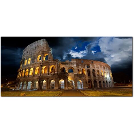 Lupia - Quadro moderno su Tela Canvas DEEP 65X143 cm, con paesaggi e localismi italiani, per casa, soggiorno, capezzale camera da letto, hotel, ufficio, ROMA - COLISEUM BY NIGHT (1/4)
