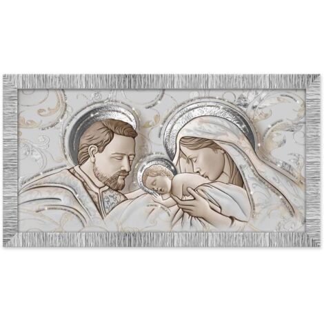 Lupia - Quadro moderno THE KISS CERAMIC MIX Sacra Famiglia GIOVY, Decorazione Glitter, Cornice Legno Striata Argento, Adatto per Camera da letto, Soggiorno e Ufficio, 60x110 cm, stampa su Legno