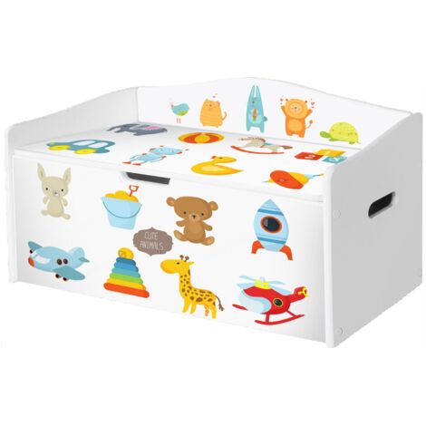 Baule portagiochi in legno per bambini con stampa organizer L68xP28xH40 cm PELOUCHES