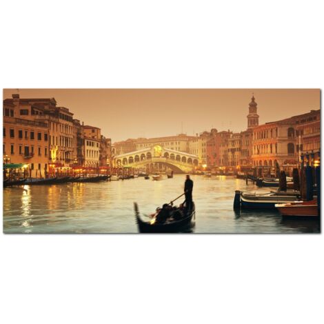 Lupia - Quadro moderno su Tela Canvas DEEP 65X143 cm, con paesaggi e localismi italiani, per casa, soggiorno, capezzale camera da letto, hotel, ufficio, VENEZIA - PONTE RIALTO TWILIGHT (1/4)