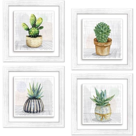 Lupia - Set 4 Quadri su Ceramica BOTANY, Cornice Shabby Modern White, Decorazione Parete, Arte Visiva e Tattile, Ideale per Soggiorno, Camera, Ufficio, 18x18 cm o 29x29 cm, Made in Italy 29x29 cm
