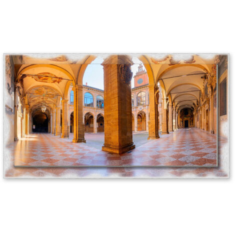 Lupia - Quadro moderno su Tela con Cornice stampata NEWEXT 75x135 cm, paesaggi localismi italiani, per casa soggiorno capezzale camera da letto hotel ufficio, BOLOGNA ARCHI GINNASIO (1/4)