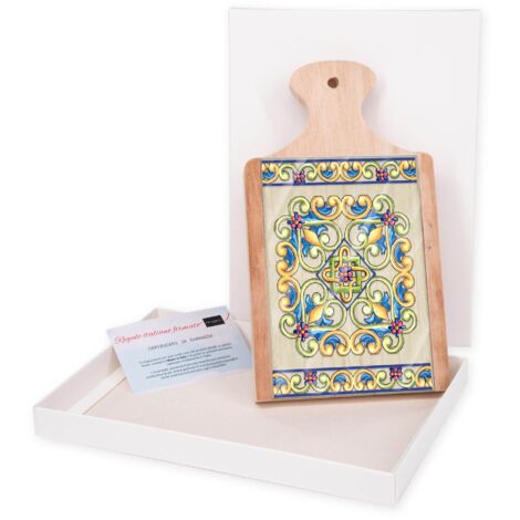 Lupia - Bomboniera con Scatola bianca TAGLIERE in legno con vetro stampato MAIOLICA BEIGE 12x21 cm, idea regalo per Matrimonio Cresima Comunione Battesimo Anniversario Compleanno (1/4)