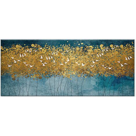 Lupia - Quadro moderno Stampa su Tela Canvas World FLYING TREES 52x122 cm Arte Moderna con Uccelli in Foresta Astratta Oro e Blu Telaio in Fibra di Legno Ecologica, Legno