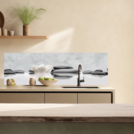Lupia Pannello Paraschizzi Schienale Cucina con decorazione stampata, LOTUS AND STONES, in Alluminio composito, Facile da applicare, Lavabile Ignifugo Resistente all'Acqua 180xH62,5 cm