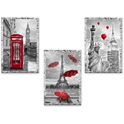 Lupia - Set 3 Quadri moderni MONDIE' poster su legno con lamina argento Paris London New York cm 31x46 CITY RED soggiorno, camera da letto (1/4)