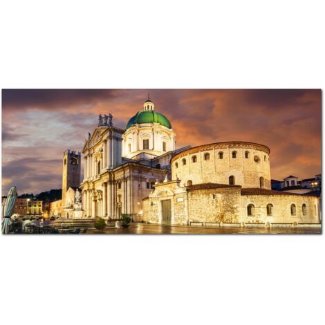Lupia - Quadro moderno su Tela Canvas DEEP 65X143 cm, con paesaggi e localismi italiani, per casa, soggiorno, capezzale camera da letto, hotel, ufficio, BRESCIA - DUOMO NUOVO E VECCHIO (1/4)