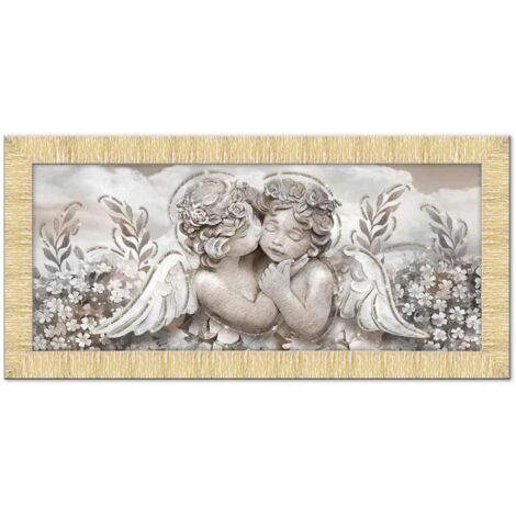 Lupia - Quadro Moderno su tela con Cornice PRINCE Multicolor ANGELS IN FLOWERS MIX GOLD, con Glitter brillantini, 63x133 cm, per Soggiorno, Camera da Letto Testata, Capezzale, Design Elegante